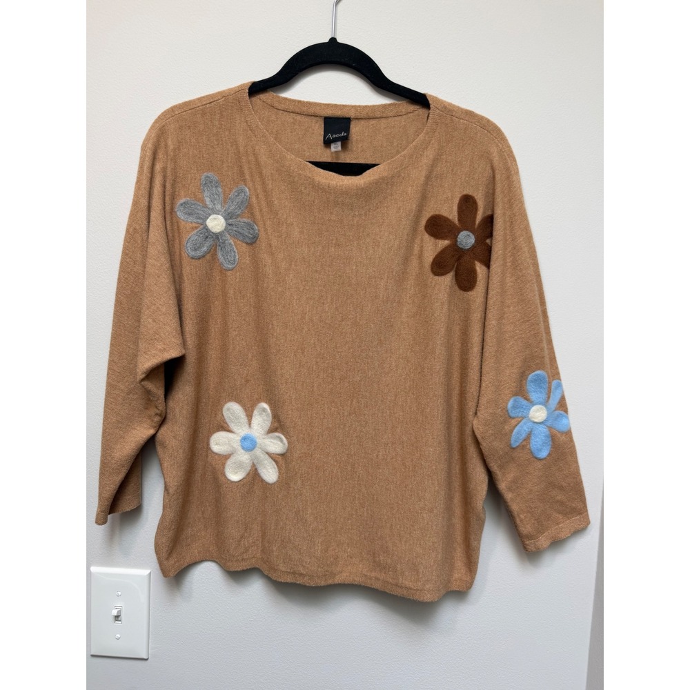 Aaeda 3D Floral Applique Sweater Brown Dolman Boat Neck Whimsical XL